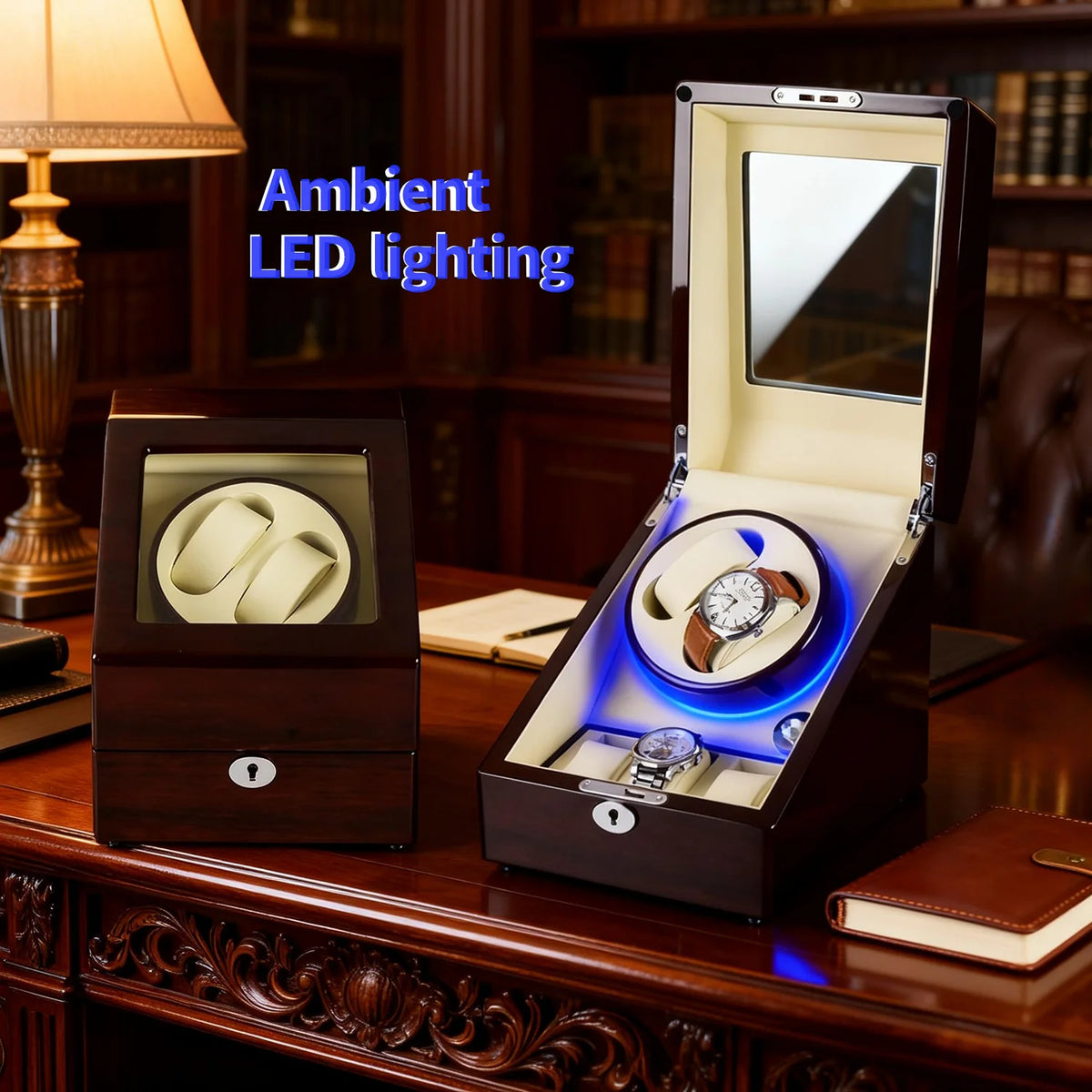 2 watch winders + extra 3 watch storage - organized in a classic style with a clear window