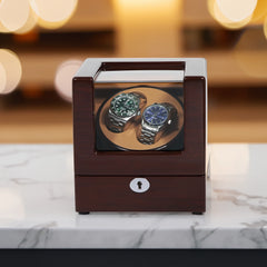 Double Watch Winder with clear Window In Oak Color