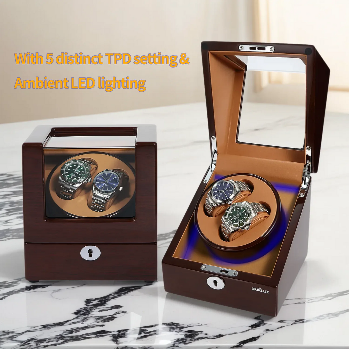 Double Watch Winder with clear Window In Oak Color
