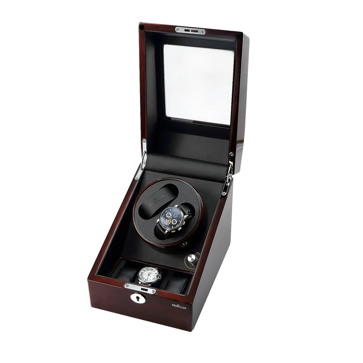 2 watch winders + extra 3 watch storage - organized in a classic style with a clear window