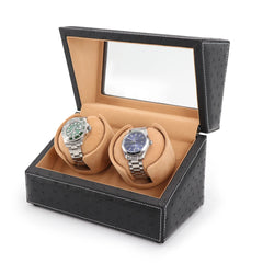 Double Watch Winders In Ostrich leather texture With Clear Window