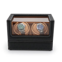 Double Watch Winders In Ostrich leather texture With Clear Window