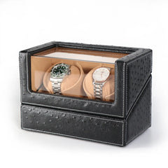 Double Watch Winders In Ostrich leather texture With Clear Window