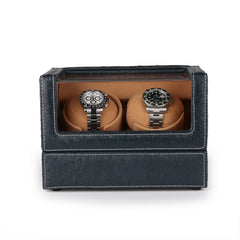 Double Watch Winders In Ostrich leather texture With Clear Window