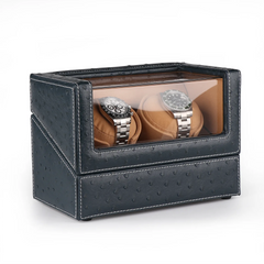 Double Watch Winders In Ostrich leather texture With Clear Window