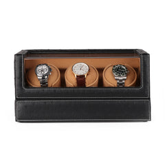 Triple Watch Winders In Ostrich leather texture With Clear Window