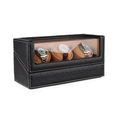 Triple Watch Winders In Ostrich leather texture With Clear Window