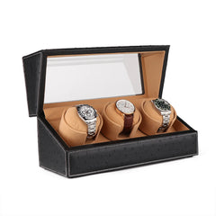 Triple Watch Winders In Ostrich leather texture With Clear Window