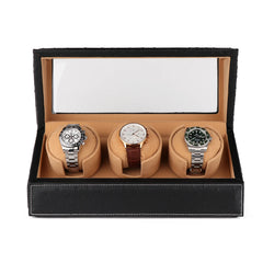 Triple Watch Winders In Ostrich leather texture With Clear Window