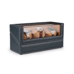 Triple Watch Winders In Ostrich leather texture With Clear Window