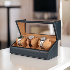 Triple Watch Winders In Ostrich leather texture With Clear Window