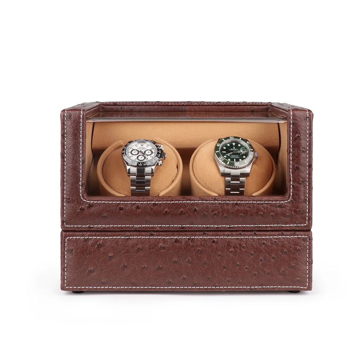 Double Watch Winders In Ostrich leather texture With Clear Window