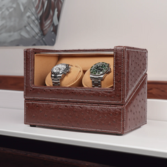 Double Watch Winders In Ostrich leather texture With Clear Window