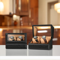 Double Watch Winders In Ostrich leather texture With Clear Window