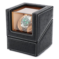 Single Watch Winder In Ostrich leather texture With See-Through Window - Showcase Your Watch