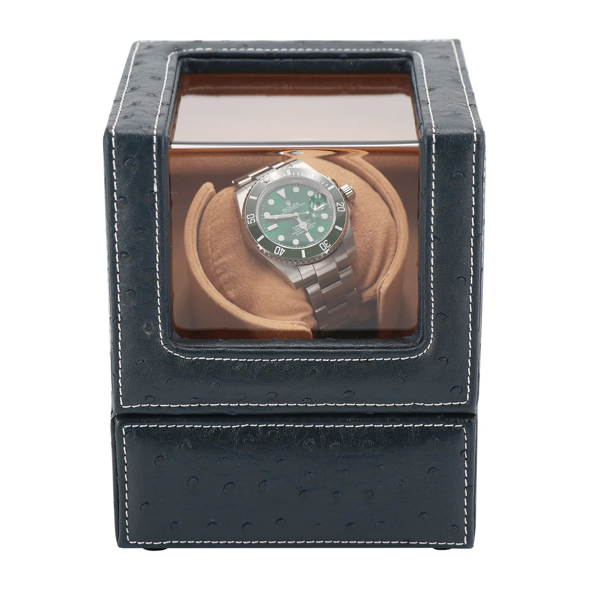 Single Watch Winder in struisvogel lederen textuur met doorzichtige venster - toon je horloge