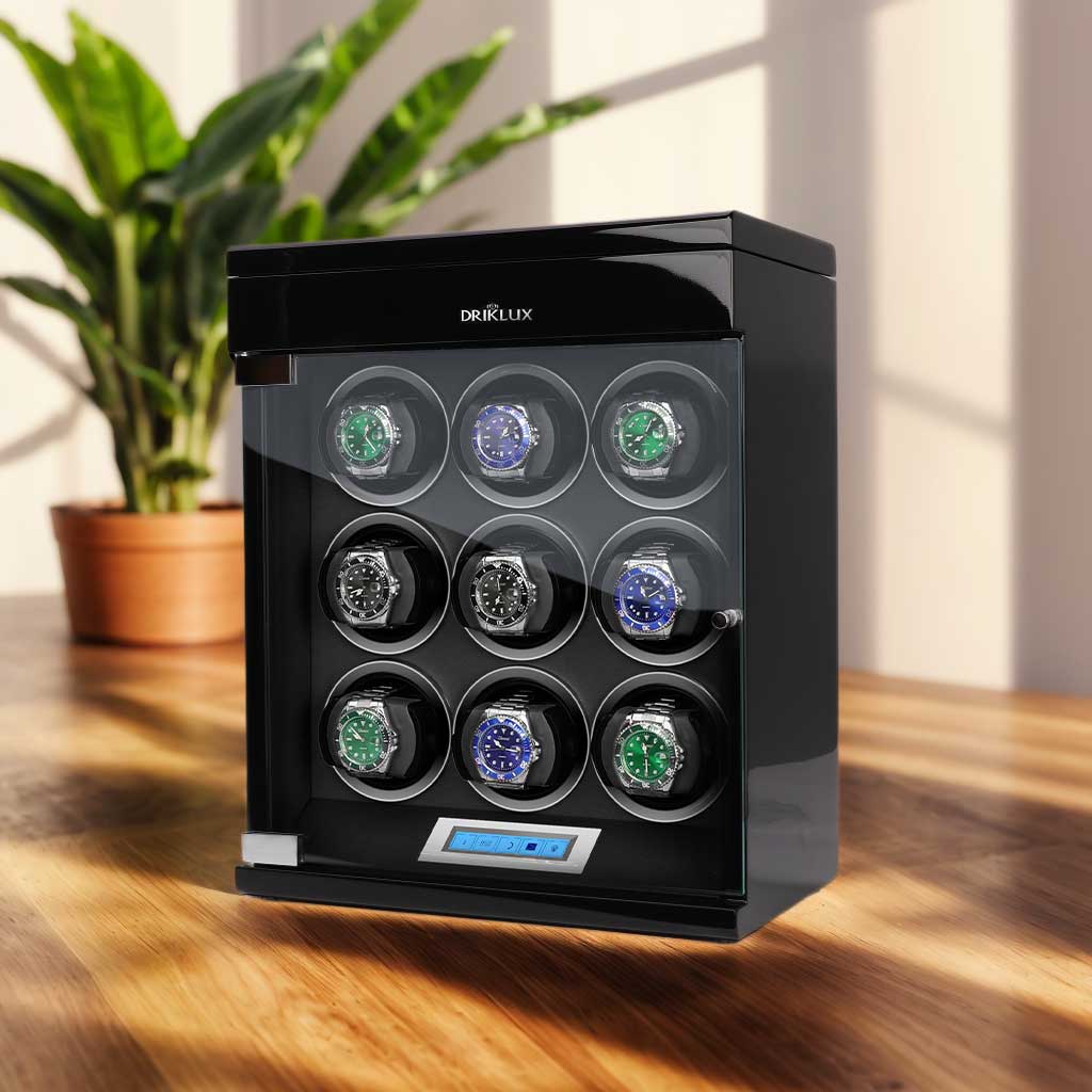 9 watch collection displayed in a Driklux winder